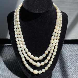 VINTAGE EUROPEAN STERLING SILVER 835 MOTHER OF PEARL THREE STRAND NECKLACE